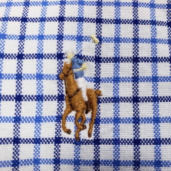 Ralph Lauren Shirt Men Large White Blue Plaid Flesh Pony Classic Fit OCBD - Picture 2 of 8